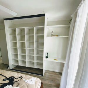 Custom straight wall wardrobe, with two end panels plus dressing table right hand end