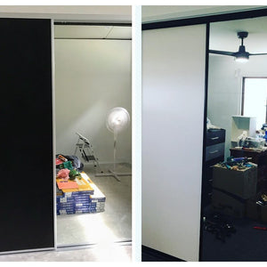 Chrome framed, one Black vinyl door/one Mirror door. Black framed, one Glacier (white) vinyl door/one mirror.