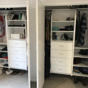 Custom Wardrobe Shelving - 2 x drawer boxes & shelving with half hang (Cutback top shelf)with 