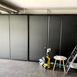 Black framed, black vinyl inserts wardrobe sliding doors