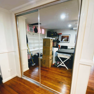 Matt natural framed, mirror inserts wardrobe sliding doors