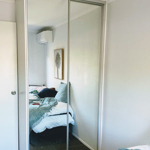 Matt natural frame, mirror inserts wardrobe sliding doors
