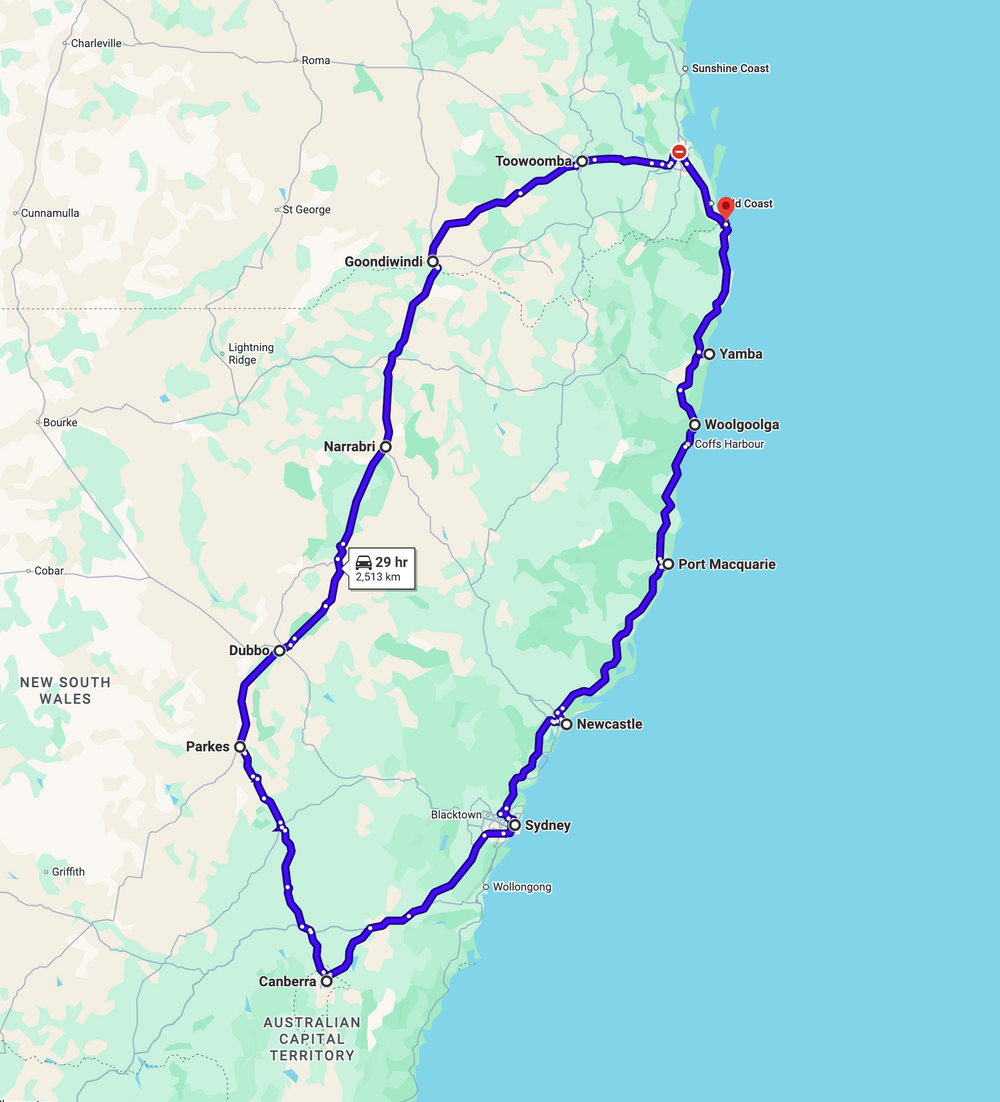 Google Maps view of the Western and Capital delivery loop from Yamba through Woolgoolga, Port Macquarie, Newcastle, Sydney, Canberra, Parkes, Dubbo, Narrabri, Goondiwindi, Toowoomba and Brisbane