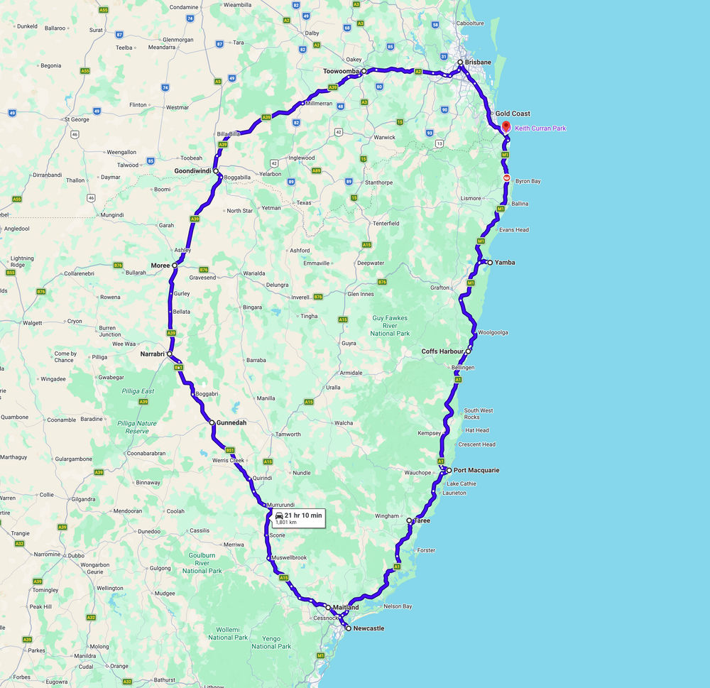 Google Maps view of the Inland and Hunter delivery loop from Yamba through Coffs Harbour, Port Macquarie, Taree, Newcastle, Maitland, Gunnedah, Narrabri, Moree, Goondiwindi, Toowoomba and Brisbane