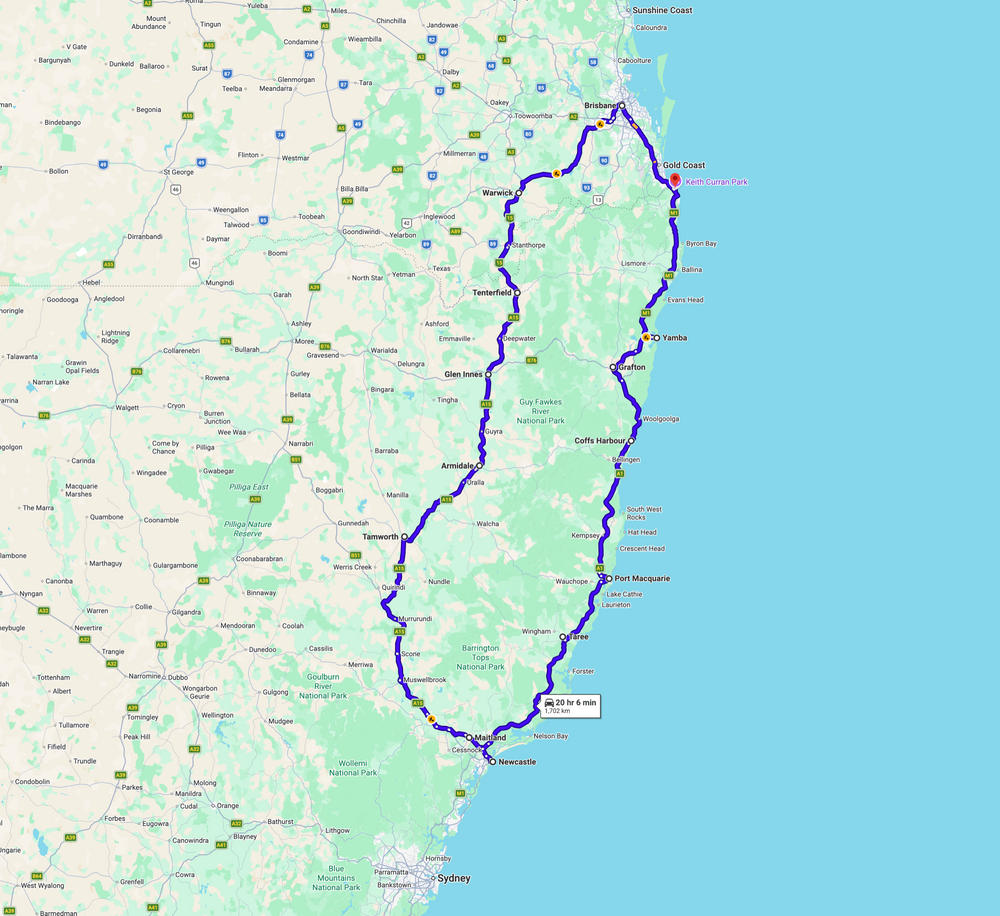 Google Maps view of the Pacific and New England delivery loop from Carrara through Ballina, Grafton, Coffs Harbour, Newcastle, Tamworth, Armidale, Tenterfield, Warwick and Brisbane
