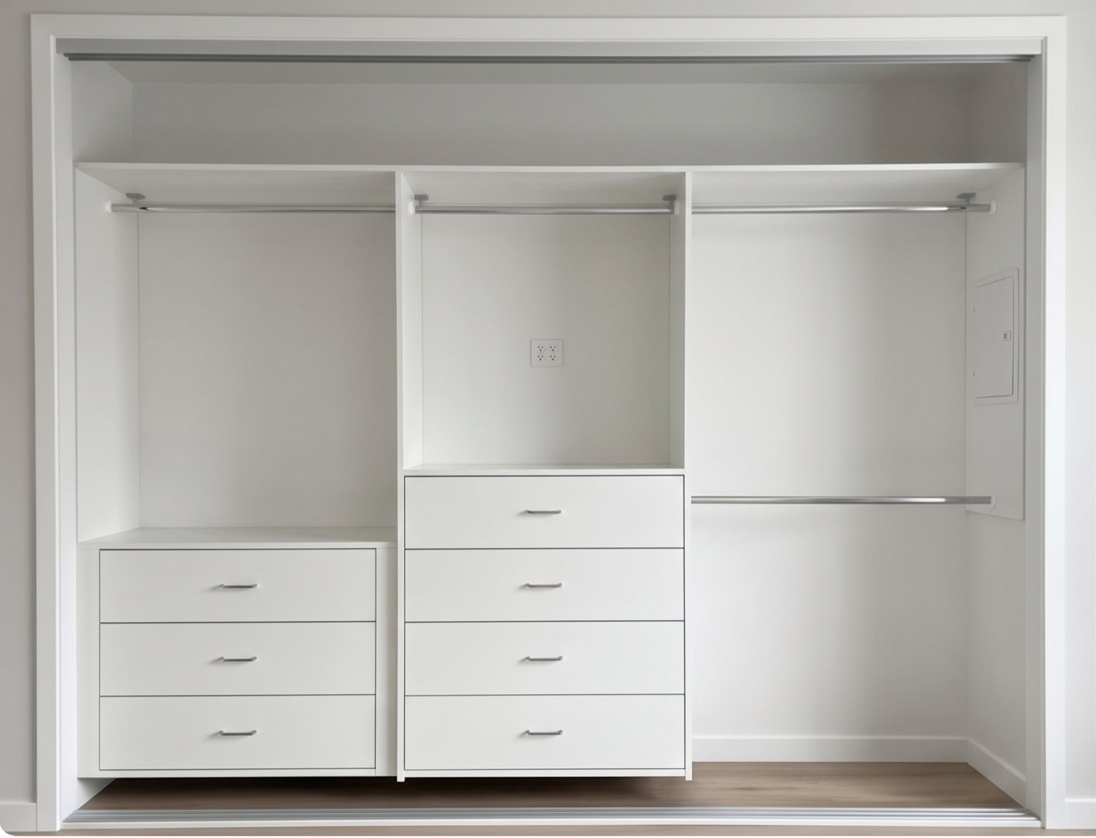 White DIY wardrobe shelving with drawers, hanging rails, and a top shelf