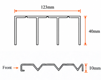 Standard triple track: 123 millimetres wide, 40 millimetres top height and 10 millimetres bottom height.